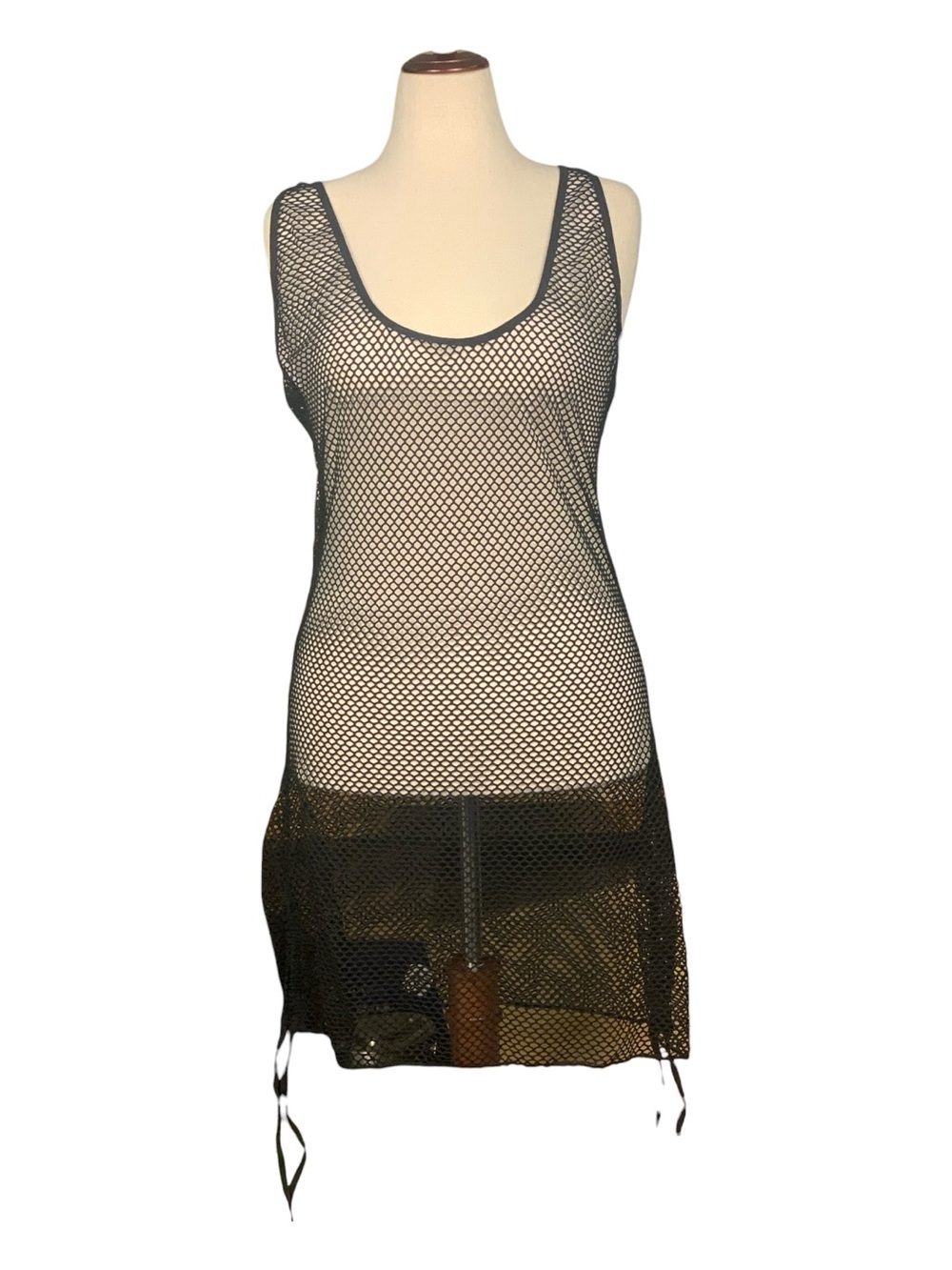 Black Open Knit Mesh Tank Dress Cover-up Midi Draw Strings Beach Size 2XL